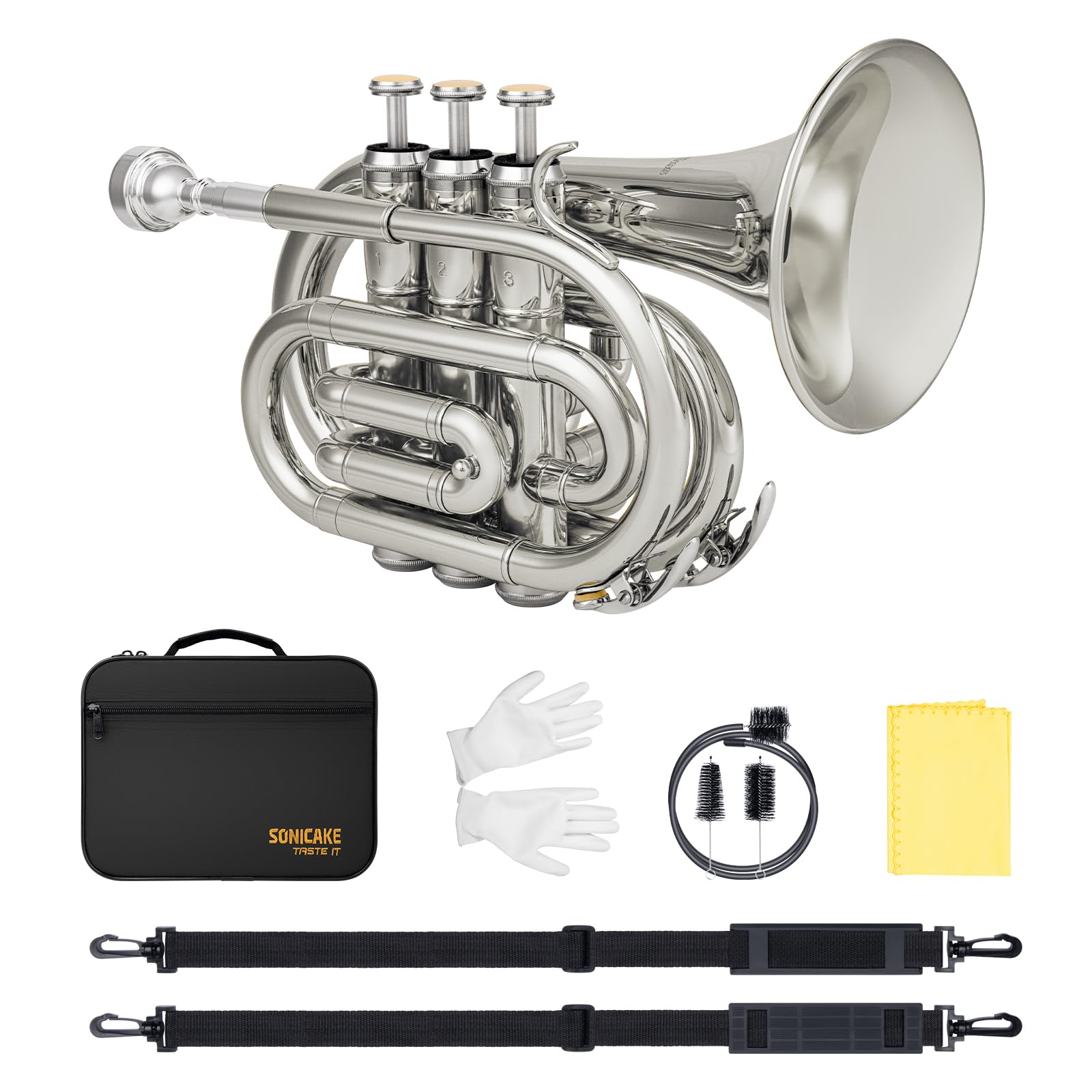 SONICAKE Bb Pocket Trumpet for Beginners - Nickel Plated Brass Mini Trumpet | Fu