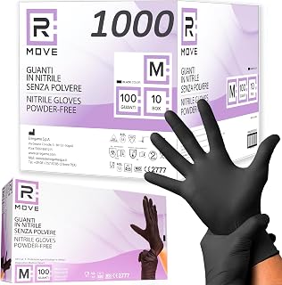 R MOVE 1000 Disposable Nitrile Gloves, Black M Powder Free, Ambidextrous Disposable Gloves, Food Grade Non-Sterile, Latex Free, Hypoallergenic - Medical & Beauticians, Tattooists