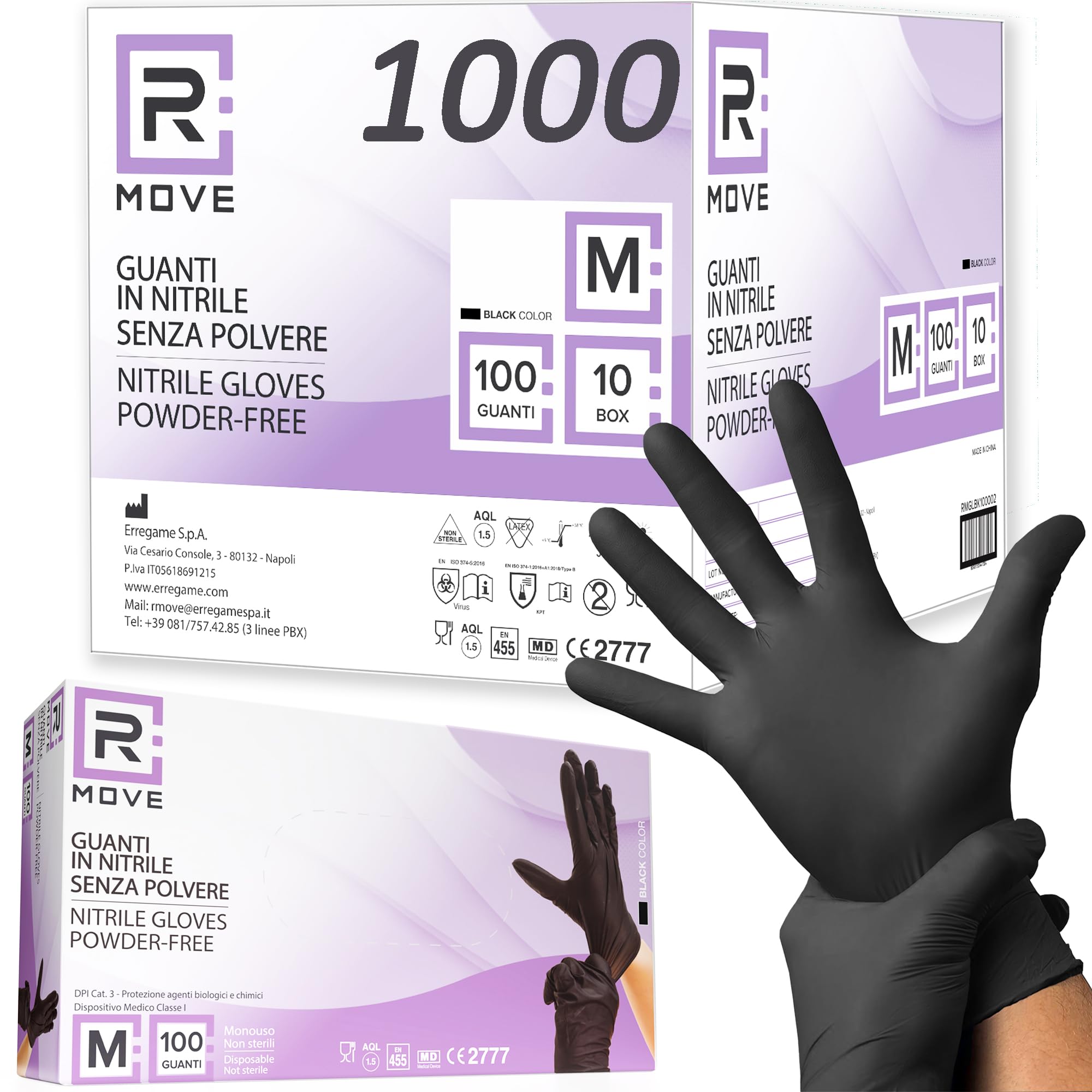 R MOVE 1000 Disposable Nitrile Gloves, Black M Powder Free, Ambidextrous Disposa