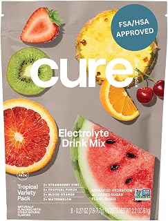 Cure Hydration - Electrolyte Drink Powder Tropical Variety Pack 8 Packets | Plant-Based Dehydration Relief Mix Made with Coconut Water, No Added Sugar, Vegan, Non-GMO, Gluten Free, FSA-HSA Eligible