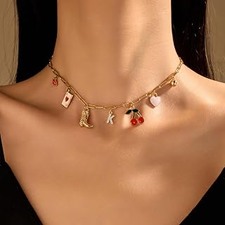 Initial Gold Necklace for Women Tredny Gold Plated Dainty Western Cowgirl Cherry Heart Pendant Summer Beach Alphabet A-Z Choker Necklace Personalized Monogram Name Birthday Jewelry Gift