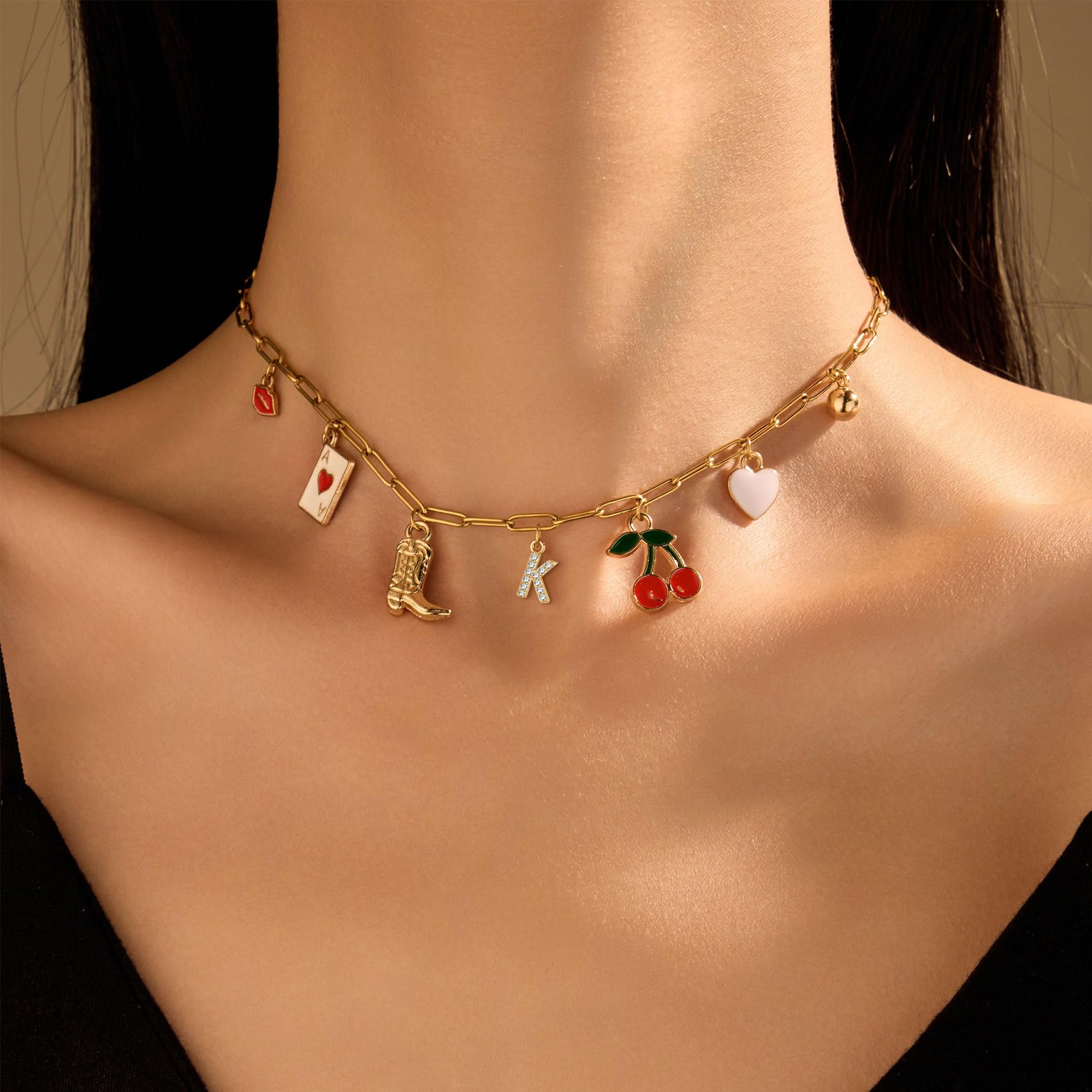 Initial Gold Necklace for Women Tredny Gold Plated Dainty Western Cowgirl Cherry