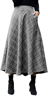 IDEALSANXUN Womens Plaid Wool Skirts Elastic Waist A-Line Pleated Tartan Long Skirts