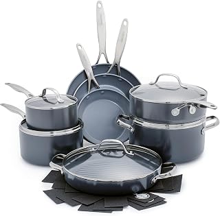 GreenPan Valencia Pro Hard Anodised Healthy Cearmic Non-Stick 16-Piece Cookware Set, Pots and Pan Set, Includes Frying Pans, Sauté, Sauce, Grill Pan, PFAS-Free, Induction, Oven Safe, Grey