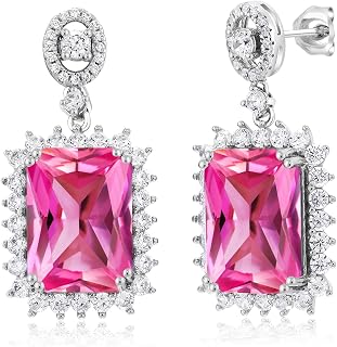 Gem Stone King 10-20 Cttw Gemstone Birthstone Halo Dangle Earrings For Women | 925 Sterling Silver | Emerald Cut 14X10MM | Fine Jewelry Gift for Her Mom Women Wife