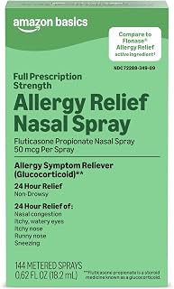 Amazon Basics 24-Hour Allergy Relief Nasal Spray, Fluticasone Propionate (Glucocorticoid), 50 mcg, Full Prescription Strength, Non-Drowsy, 0.62 fl oz (Pack of 1) (Previously Care)