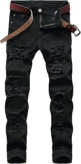 Men's Ripped Jeans Slim Fit Straight Leg Denim Pants with Holes