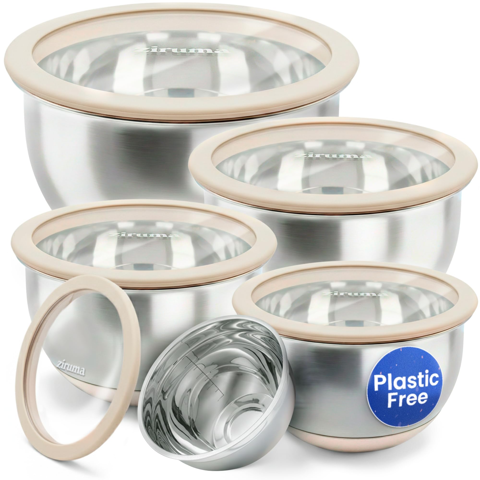 Non-Toxic Stainless Steel Mixing Bowls, Glass Lids, Plastic Free, 5-Pcs | LFGB p