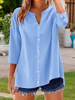 Women Casual V Neck Blouse 3/4 Sleeve Button Front Loose Fit Tunic Style Shirts