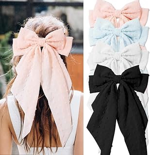 4 x Fashion Forward Large Hair Bows for Women - Big Bow Clips for Girls! Elegant French barrette bow with long tail in pink, blue, white and black - a must have style!