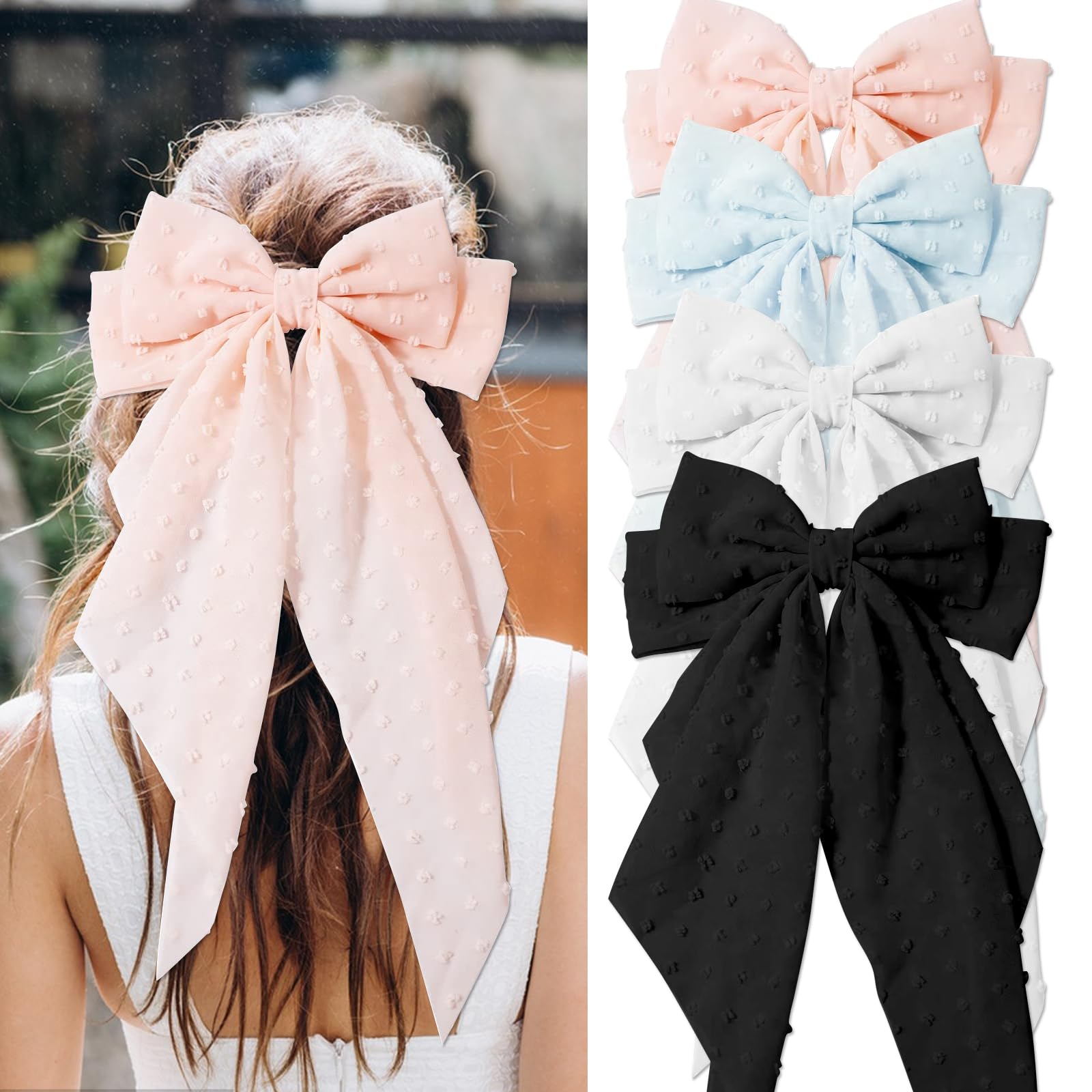 4 x Fashion Forward Large Hair Bows for Women - Big Bow Clips for Girls! Elegant