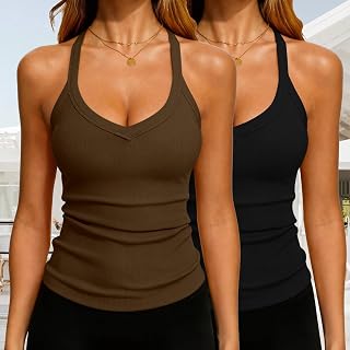 2 Pieces 2026 Women's Ribbed Tank Tops V-Neck Spaghetti Straps Soft Bodycon Layering Tank Top