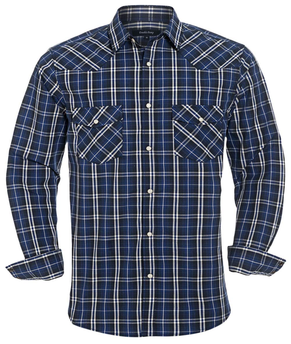 Men’s Western Cowboy Shirts-Long Sleeve Snap Button Plaid Shirt, Regular Fit Cot