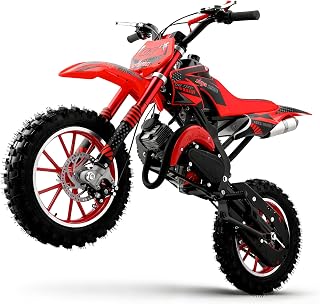Kids 50cc Dirt Bike for 8-14,2-Stroke Gas Dirt Bike,Red,CPC Listed | Front Rear Disc Brakes,Pull Start,10In Off-Road Tires,Shock Absorption,Seat Height 23.6in,Max Speed 40Mph,Upgrd Carb &amp; Filter