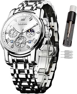 OLEVS Mens Watch, Chronograph Quartz Stainless Steel Dress Watches for Men, 3ATM Waterproof Luminous Hands, Multi Functional Casual Wrist Watches with Link Adjustment Tool