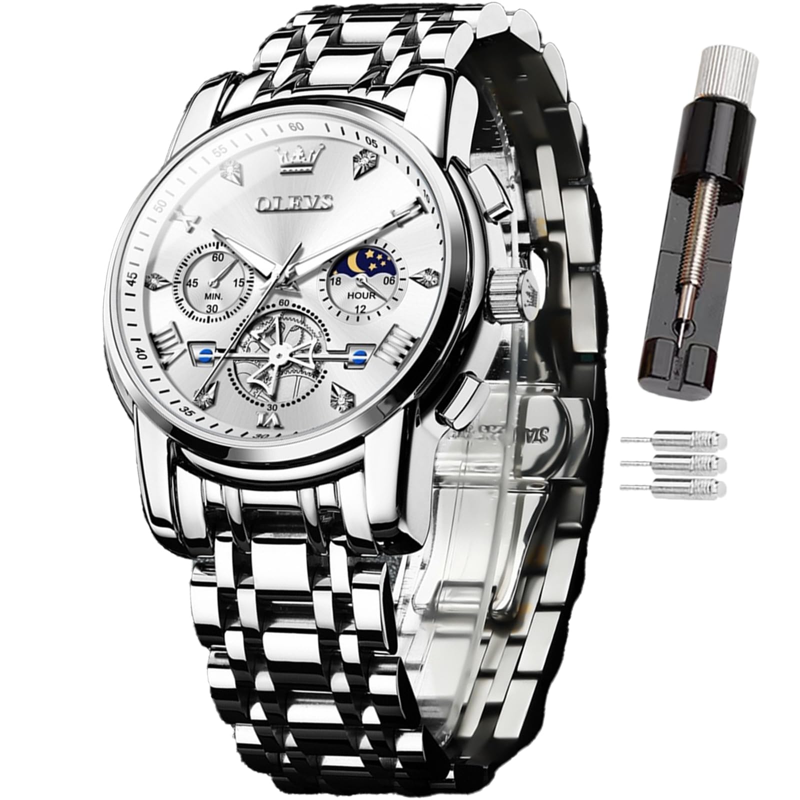 OLEVS Mens Watch, Chronograph Quartz Stainless Steel Dress Watches for Men, 3ATM