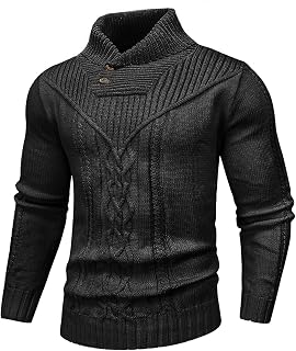 SAVKOOV Men's Shawl Collar Pullover Jumper Casual Button Cable Knit Sweater