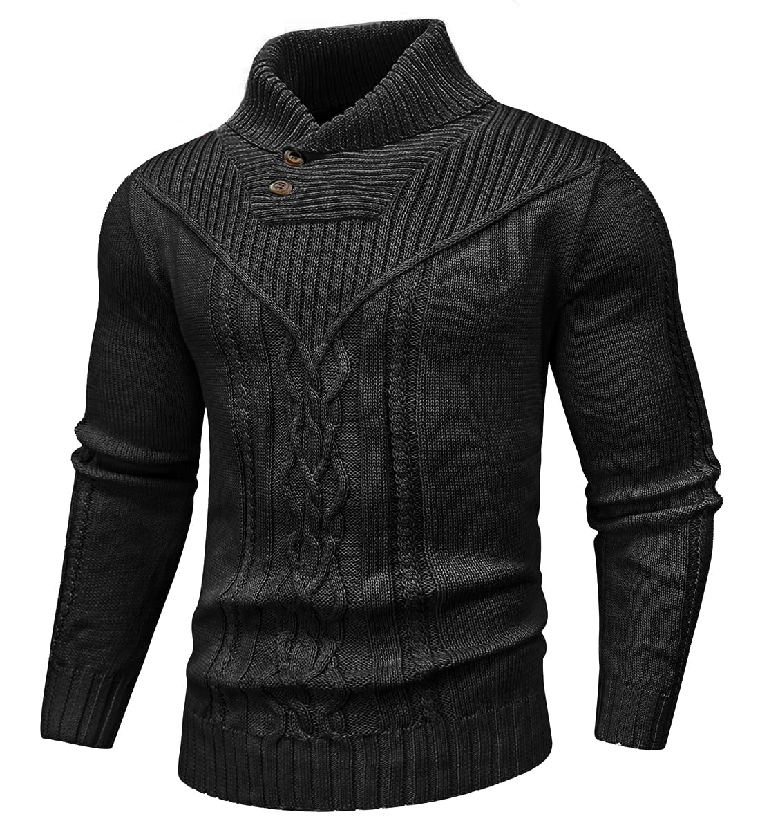 SAVKOOV Men's Shawl Collar Pullover Jumper Casual Button Cable Knit Sweater