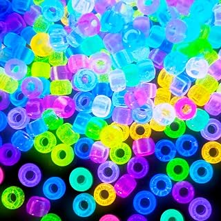 Glow in The Dark Pony Beads, 1000+pcs 6x9mm Kandi Beads Halloween Jewelry | Rave Accessories Neon Beads UV Luminous Colored Charms Hair Bead for Braids Halloween Bracelet Making Crafts Party Supplies