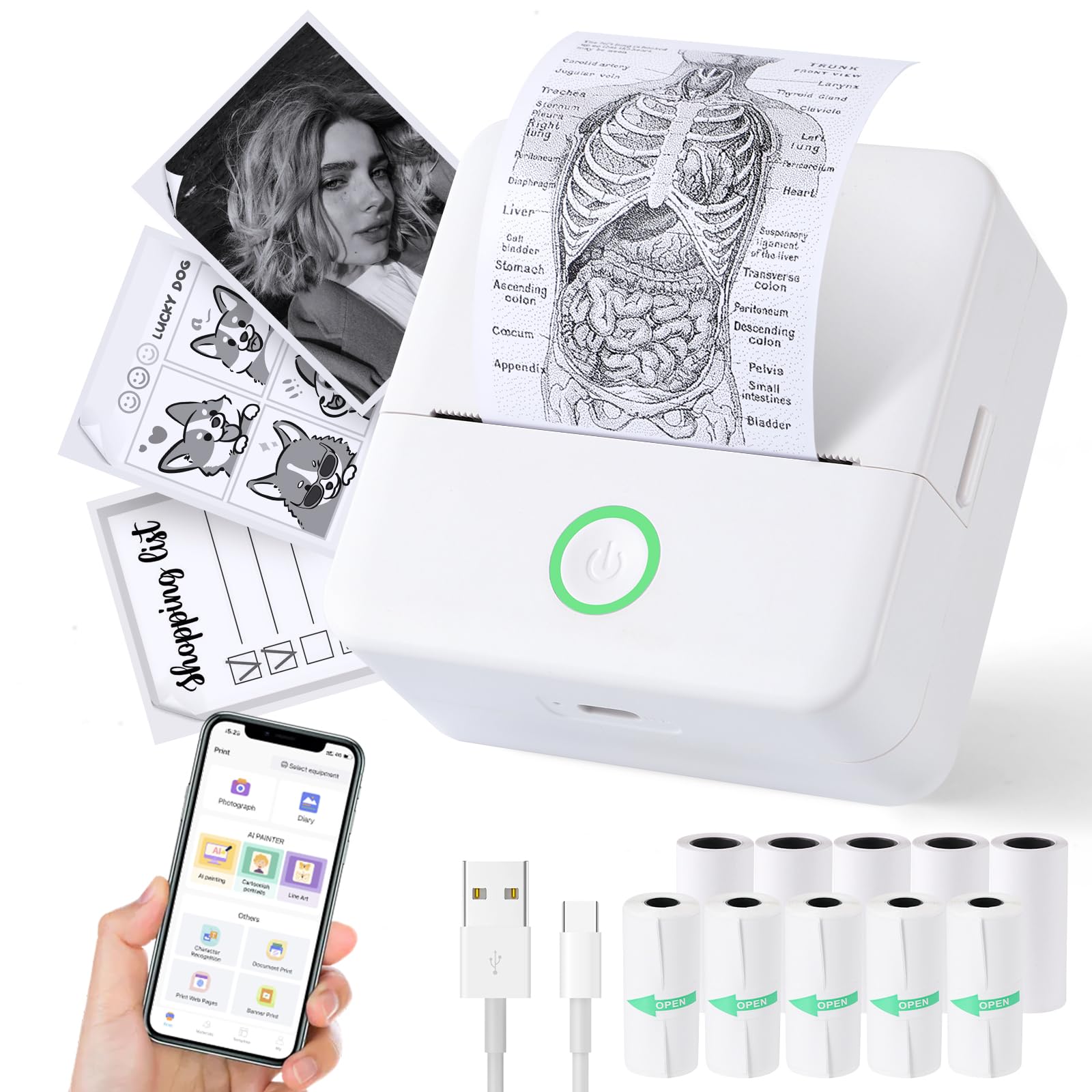 Mini Sticker Printer, X6 Print Pod with 10 Rolls Thermal Paper