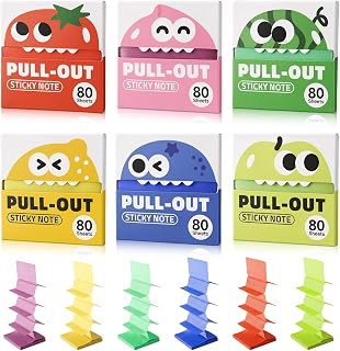 6 Boxes Glitter Transparent Sticky Notes, Fruit Monster Cartoon Pull‑Out Pop‑Up Sticky Notes, Assorted Color Self‑Stick Notes for Desk Office Journal Supplies
