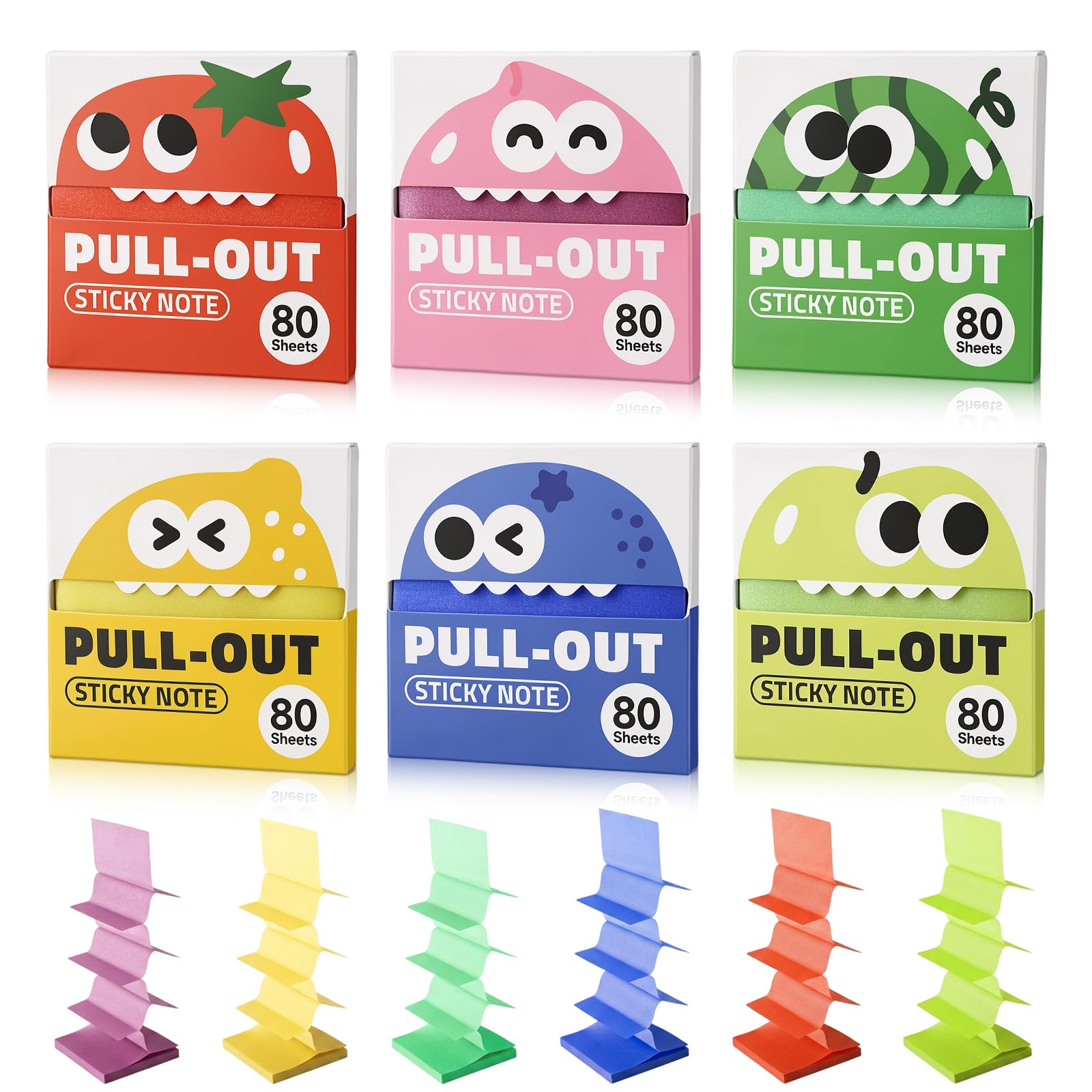 6 Boxes Glitter Transparent Sticky Notes, Fruit Monster Cartoon Pull‑Out Pop‑Up 