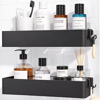 Kitsure Shower Caddy Adhesive, Quick-Dry Bathroom Organizer, Large, Black | 2 Pack Rustproof Metal Shower Shelves, Drill-Free Bathroom Accessories Mount, 4 Hooks Storage, Quick Drain & Large Capacity