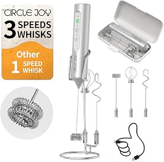 CIRCLE JOY Milk Frother Handheld with 3 Detachable Whisks & 3 Speeds Silver