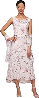 Alex Evenings Sleeveless Printed Chiffon Midi Spring/Summer Mother of The Bride Dress with Jacket & High-Low Hemline Women's Special Occasion Dress (Pack of 2)