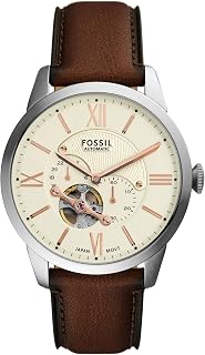 Fossil Men's Townsman Automatic Stainless Steel and Leather Three-Hand Skeleton Watch, Color: Black, Cognac (Model: ME3098)