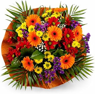 Autumn Burn Bouquet Fresh Seasonal Styling With Orange Gerberas, Mixed Yellow and Red Chrysanthemums, Purple Filler Blooms, Chocolate