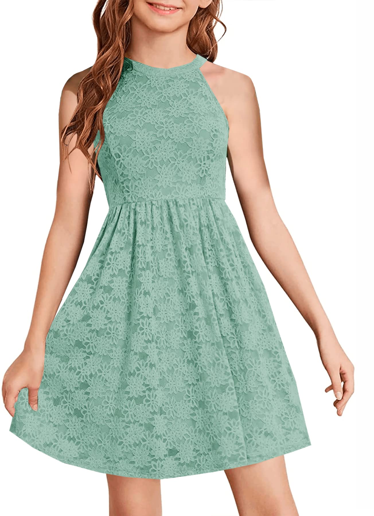 HOSIKA Flower Girl Dress Halter Neck Elegant Floral Lace A-line Party Dress
