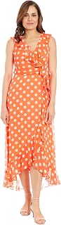 London Times Women's Sleeveless Ruffle Detail Faux Wrap Tie Midi Dress