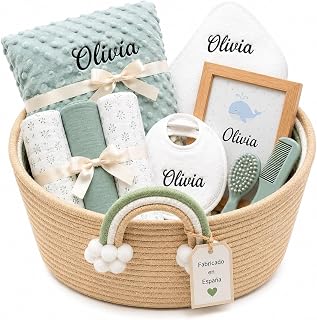 Personalised Newborn Baby Basket Original Gift Child | Pack Basket for Babies with Blanket Towel Bib Muslin Accessories with Embroidered Name Kit and Complete Set Green