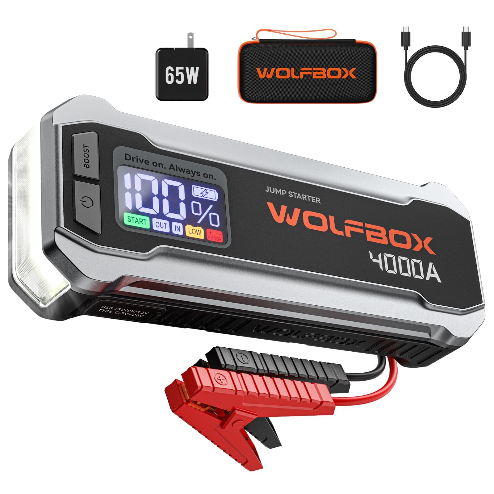 WOLFBOX 4000A Jump Starter,12V Car Battery Jumper Starter Portable with 65W Quic