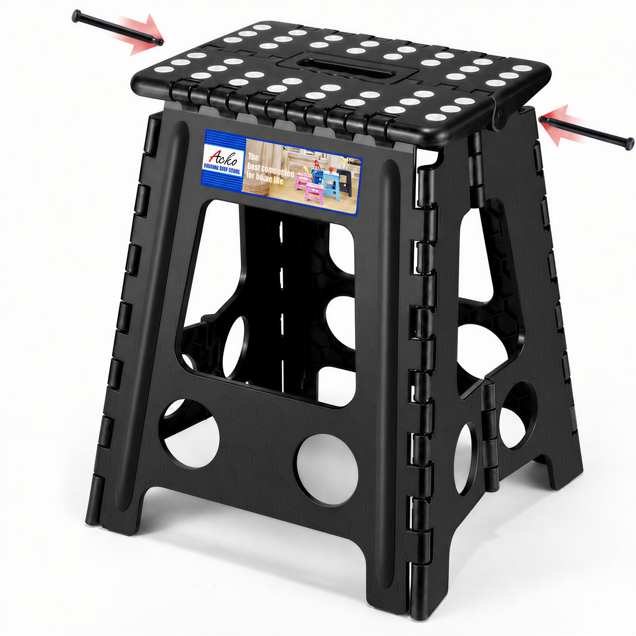 ACKO 16 Inch Folding Step Stool with Safety Lock, Holds 400 lbs, Black | Portabl