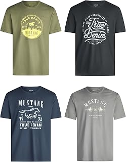 Mustang Men's T-shirt, Pack of 4, Front Print, Round Neck, Short Sleeves, Regular Fit, 100% Cotton, Black, White, Grey, Blue, Green, S, M, L, XL, XXL, 3XL, 4XL, 5XL, 6XL