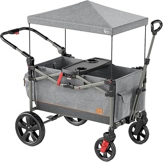 BusyBee Foldable Stroller Wagon for 2 Kids, Dual 5-Point Harnesses, Gray | Adjustable Push-Pull Handle, Removable Canopy &amp; Tray with Cup Holders; Shock-Absorbing Wheels with Brakes &amp; Storage Bag