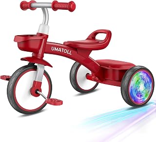 Umatoll Toddler Tricycle for 18 Months to 4 Years Old, Gift for Ages 2-3 | No-Battery Glow Wheels, Dual Storage Baskets, Forward-Backward Adjustable Seat