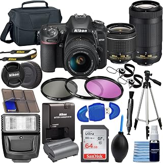 Nikon D7500 DX-Format Digital SLR w/AF-P NIKKOR 18-55mm f/3.5-5.6G VR Lens + -P 70-300mm f/4.5-6.3G ed + 64GB Memory Card, TriPod, Flash, 3pc Filter Kit, Case, More, Black