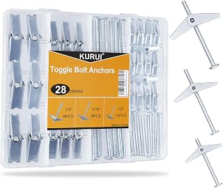KURUI Heavy Duty Hollow Drywall Anchors for Sheetrock Ceiling, Toggle Bolts and Wing Nut Kit, 28Pcs Metal Dry Wall Anchors and Screws Assortment Set, Butterfly Anchor for Hanging 1/8, 3/16, 1/4