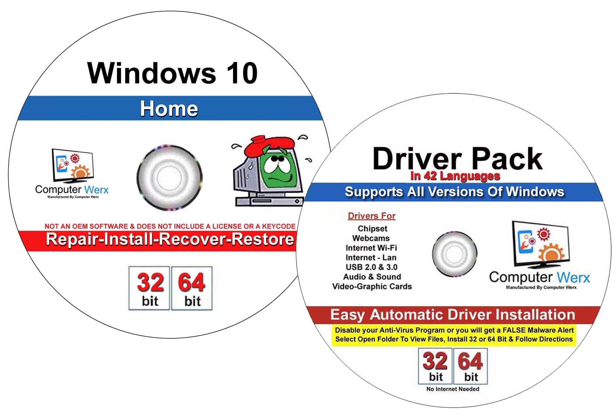Computer Werx Compatible with Windows 10 Home 32/64 Bit DVD install recovery res
