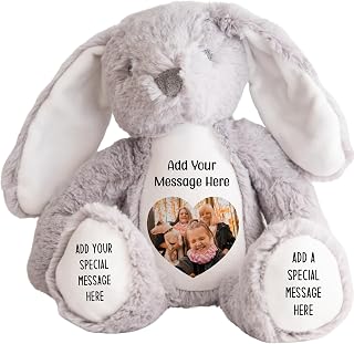 Personalised Photo Teddy Bear – Add Photo on Front & Text on Feet | 28 Styles | Custom Keepsake Gift for Baby, Sympathy, Birthday & More (Grey Bunny Teddy Bear)