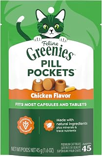 Greenies Feline Pill Pockets Soft Cat Treats, Chicken Flavor, 45 Count | #1 vet-recommended, moldable pocket hides pills, no artificial flavors or preservatives, real ingredients