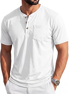 MAGCOMSEN Henley-Hemd für Herren, kurzärmelig, Baumwolle, 3 Knöpfe, Rundhalsausschnitt, T-Shirt mit Tasche, lässig, einfarbig, für den Sommer und den Alltag