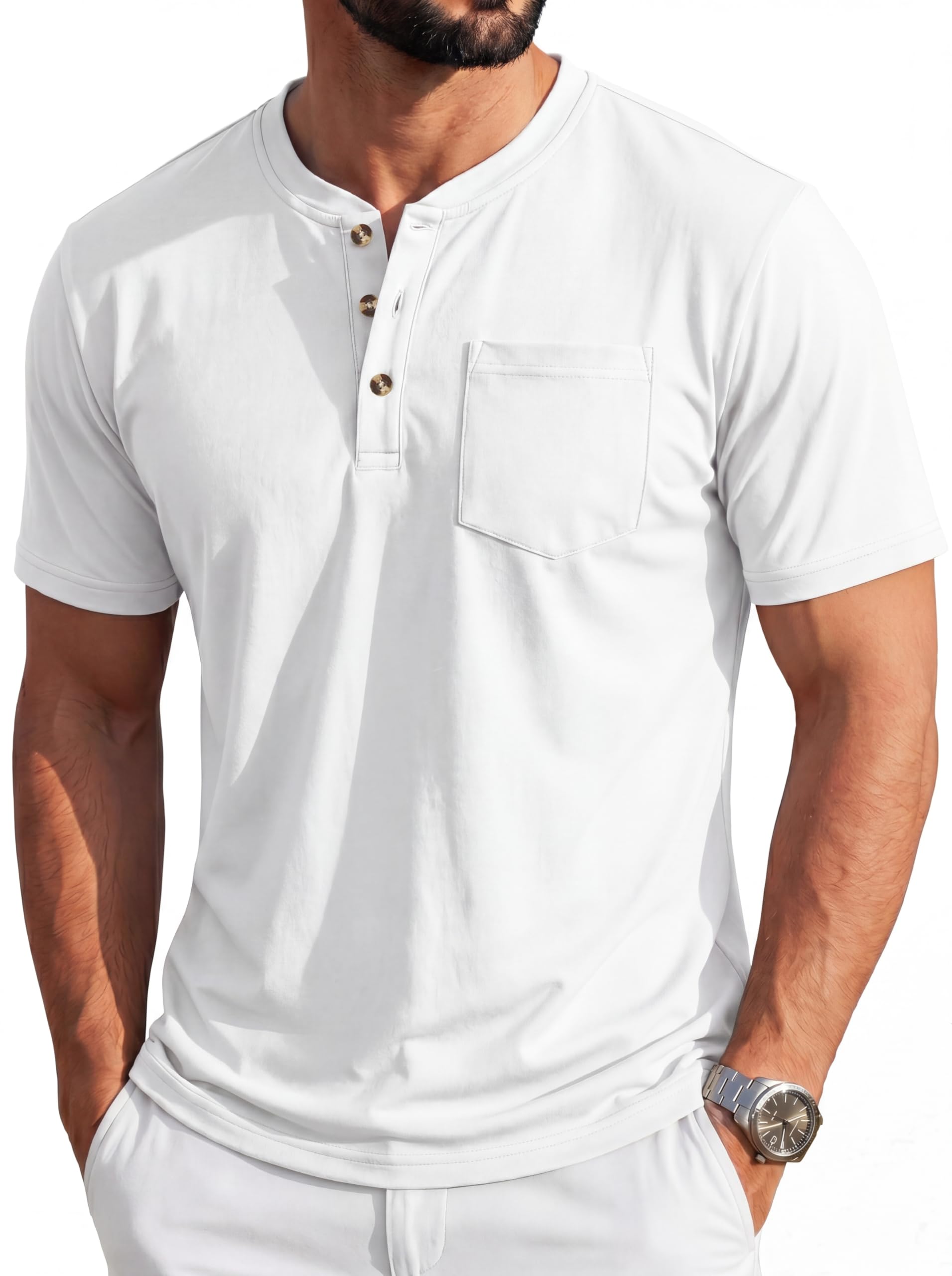 MAGCOMSEN Henley-Hemd für Herren, kurzärmelig, Baumwolle, 3 Knöpfe, Rundhalsauss