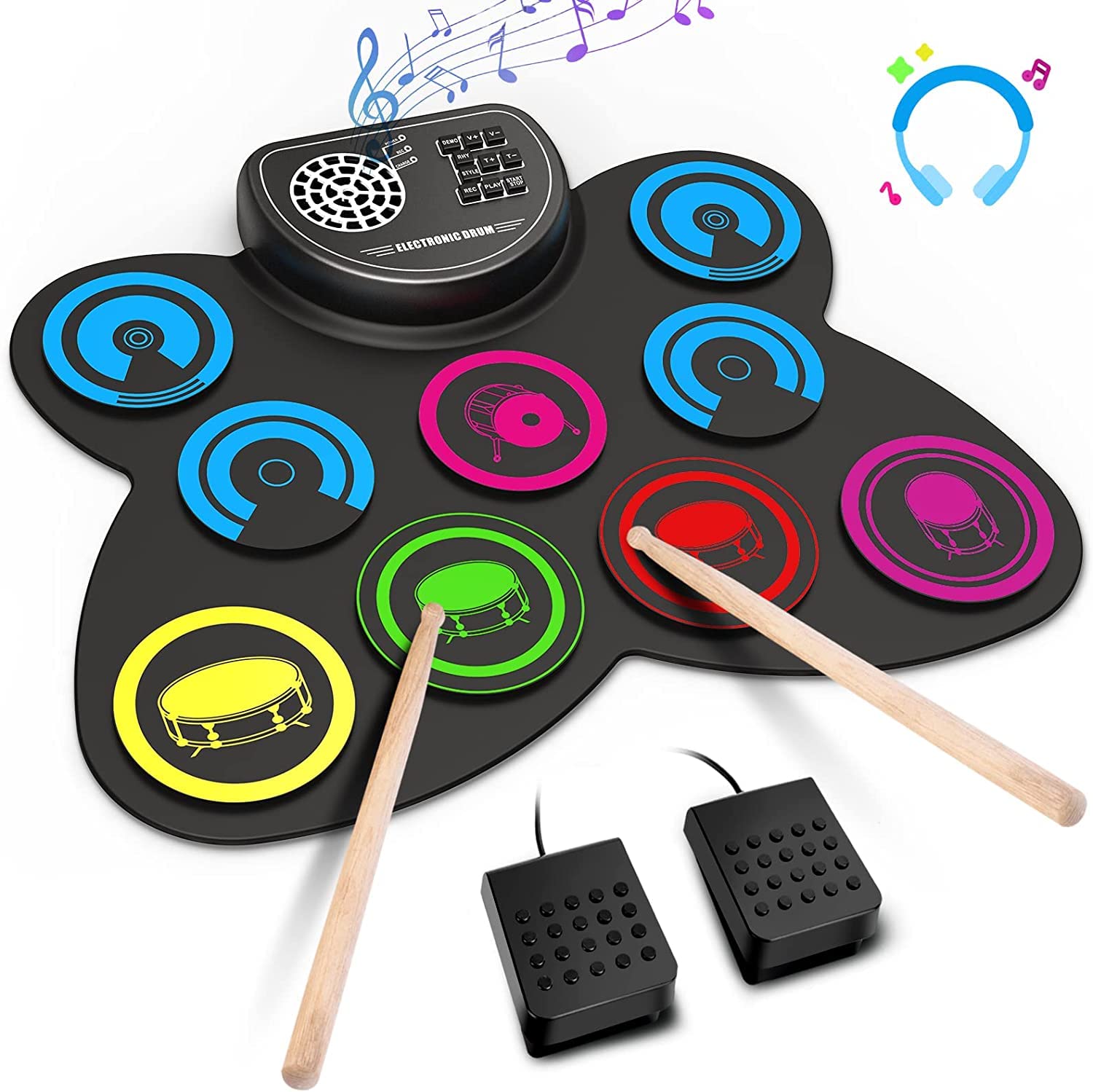 Electric Drum Set, 9 Drum Practice Pad, Roll-up Electronic Drum Pad with Headpho