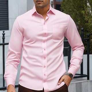 Camicia da uomo a maniche lunghe con colletto abbottonato, per lavoro, casual, matrimonio, ufficio, viaggi, uso quotidiano