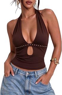 Verdusa Women's Rave Halter Top Going Out Keyhole Crop Top Concert Outfits