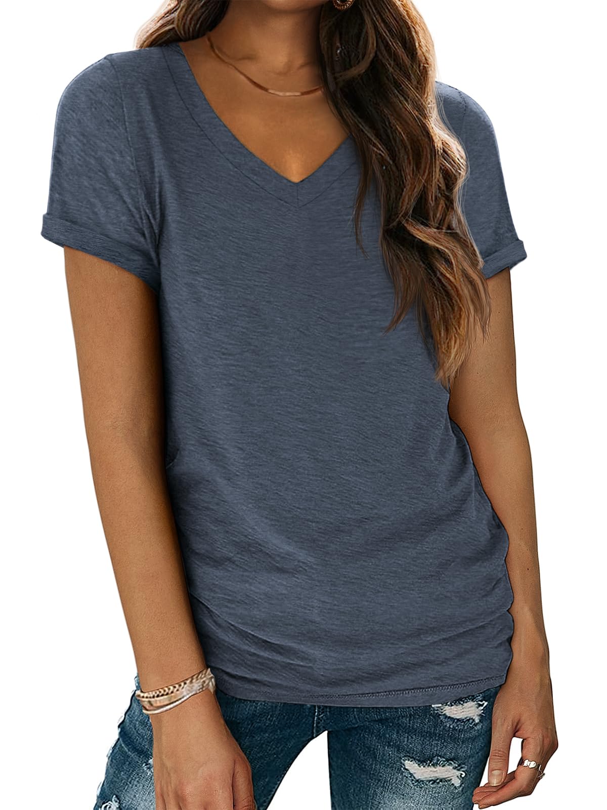 ATHMILE T Shirts Short Sleeve V Neck Tees for Women Fashion Tops Trendy Lightwei